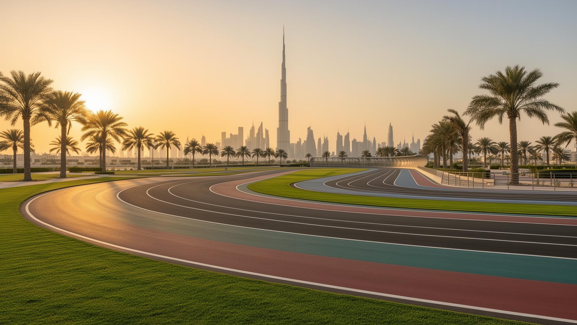 Nad Al Sheba cycling track with Dubai skyline